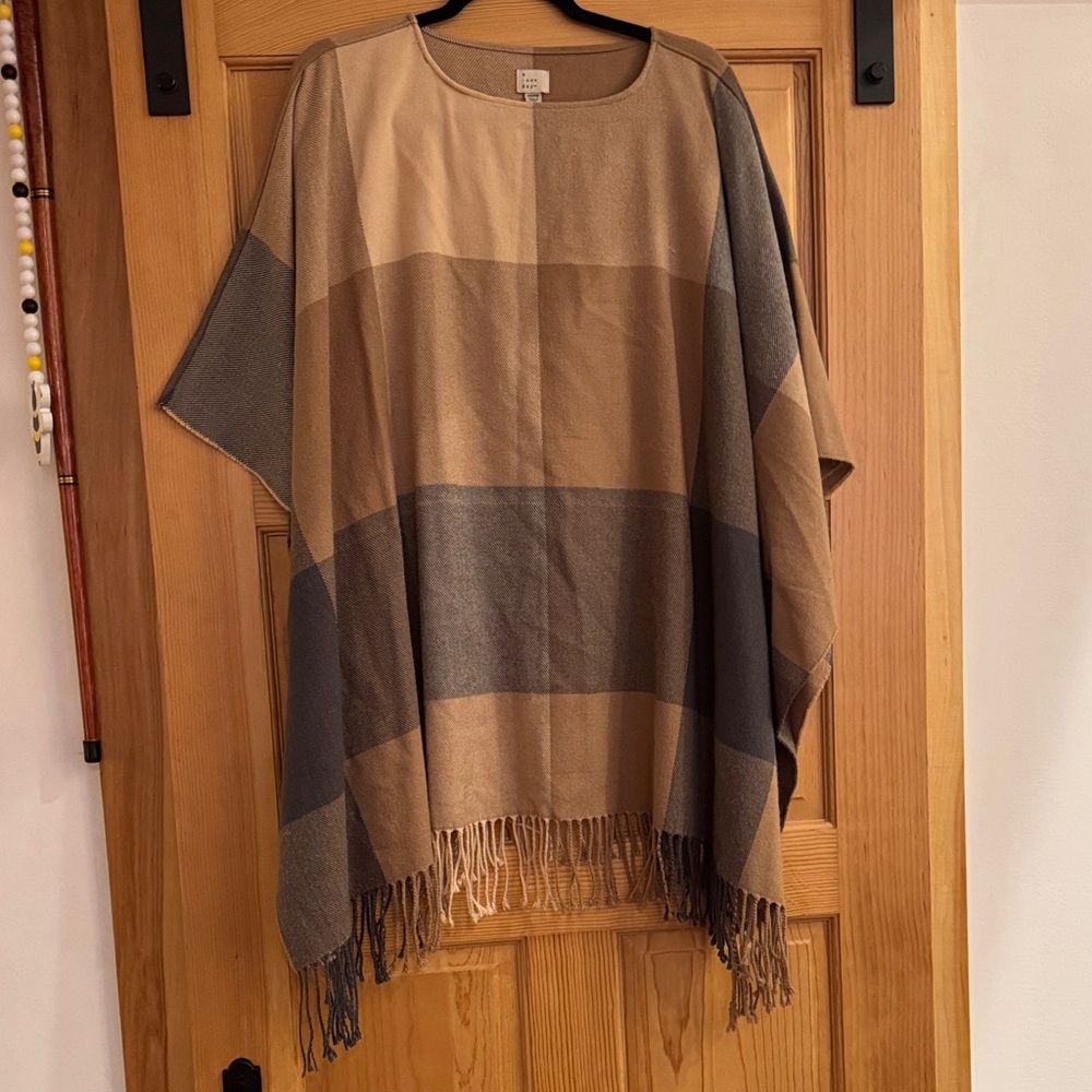 A New Day Tan and Grey Striped Poncho
